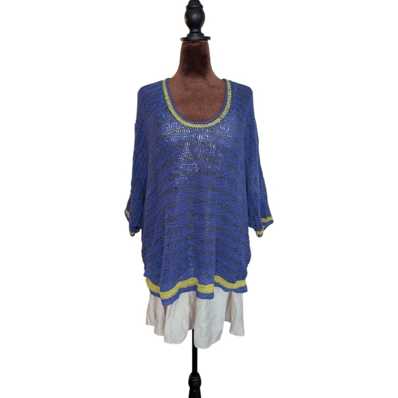 Yigal Azrouel cut25 💯 Cotton Oversized Crochet Blue and Yellow Knit Top L - Picture 2 of 7